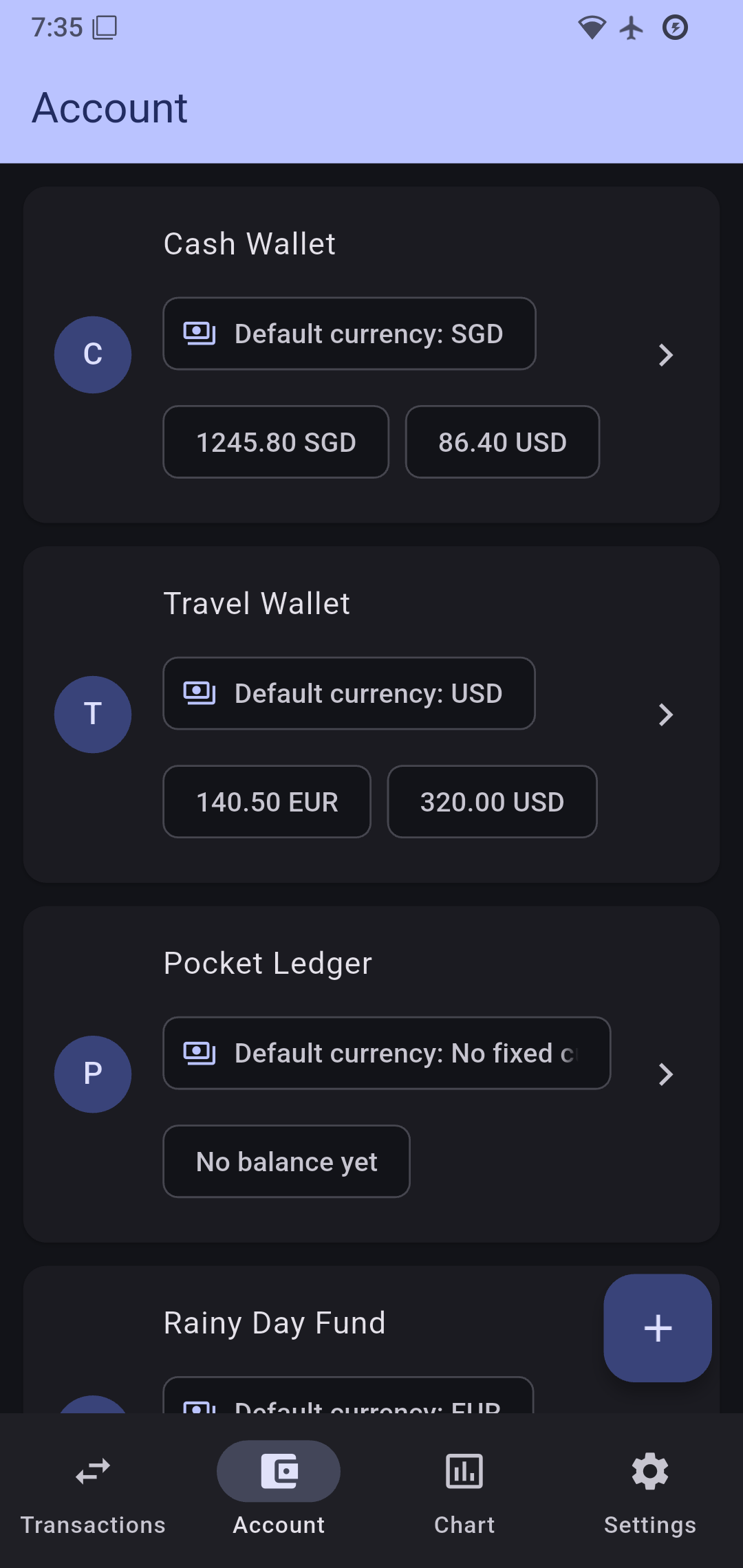 InfWallet accounts view