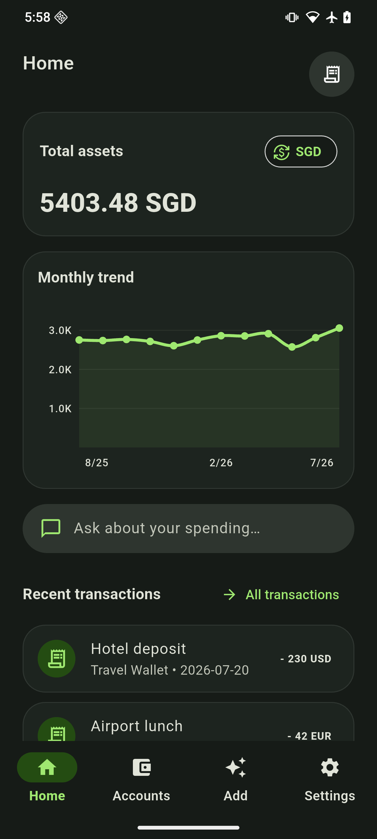 InfWallet home screen with total assets and a monthly trend chart