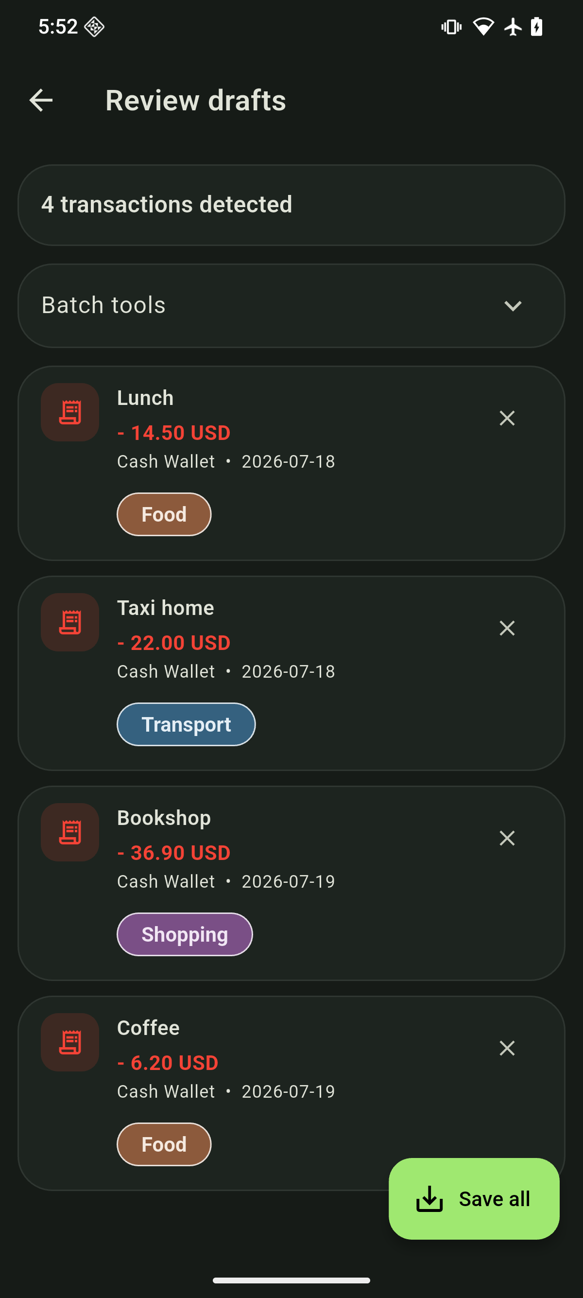 InfWallet review screen showing four detected transaction drafts