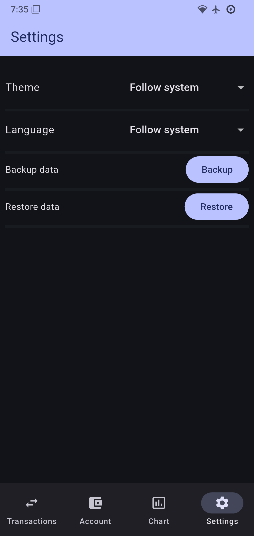 InfWallet settings view
