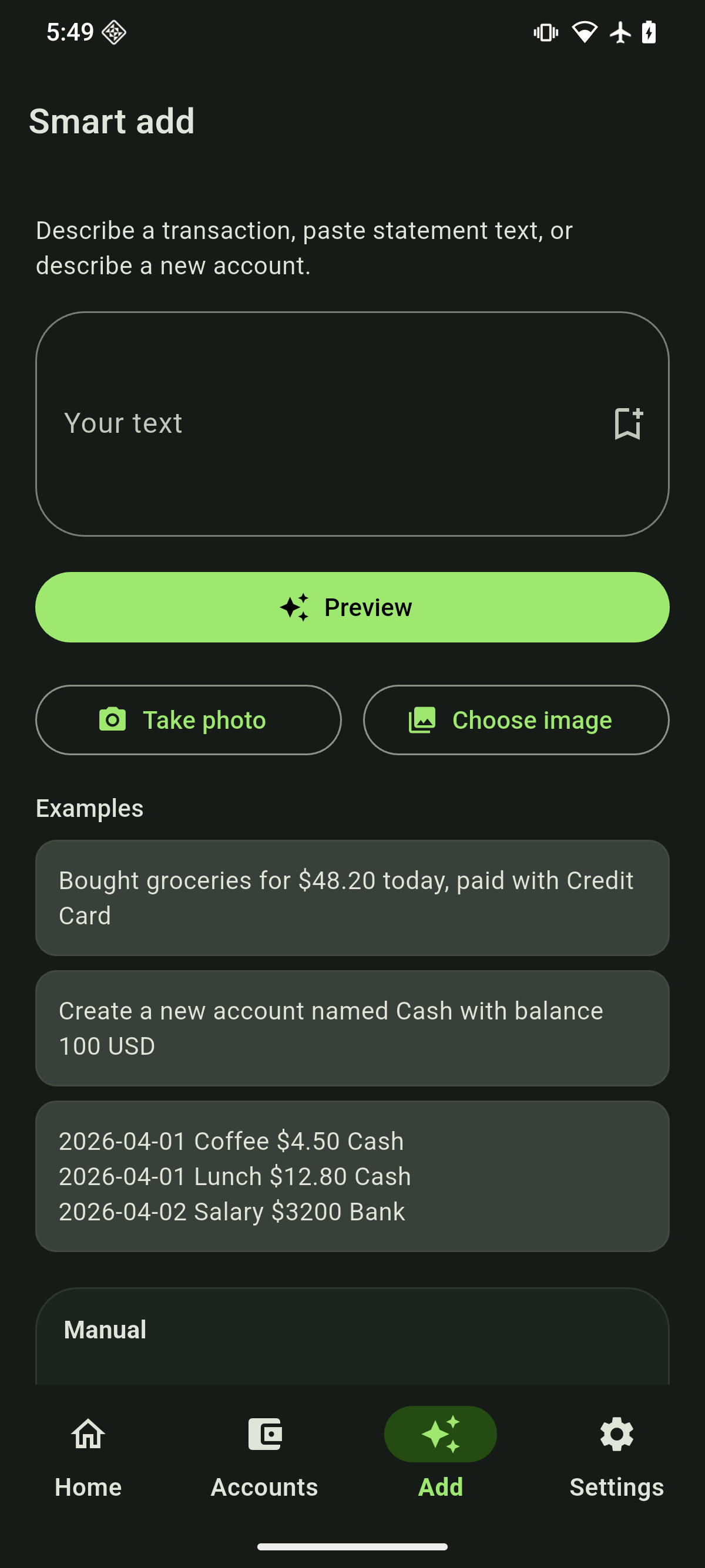 InfWallet smart add screen accepting text or a photo