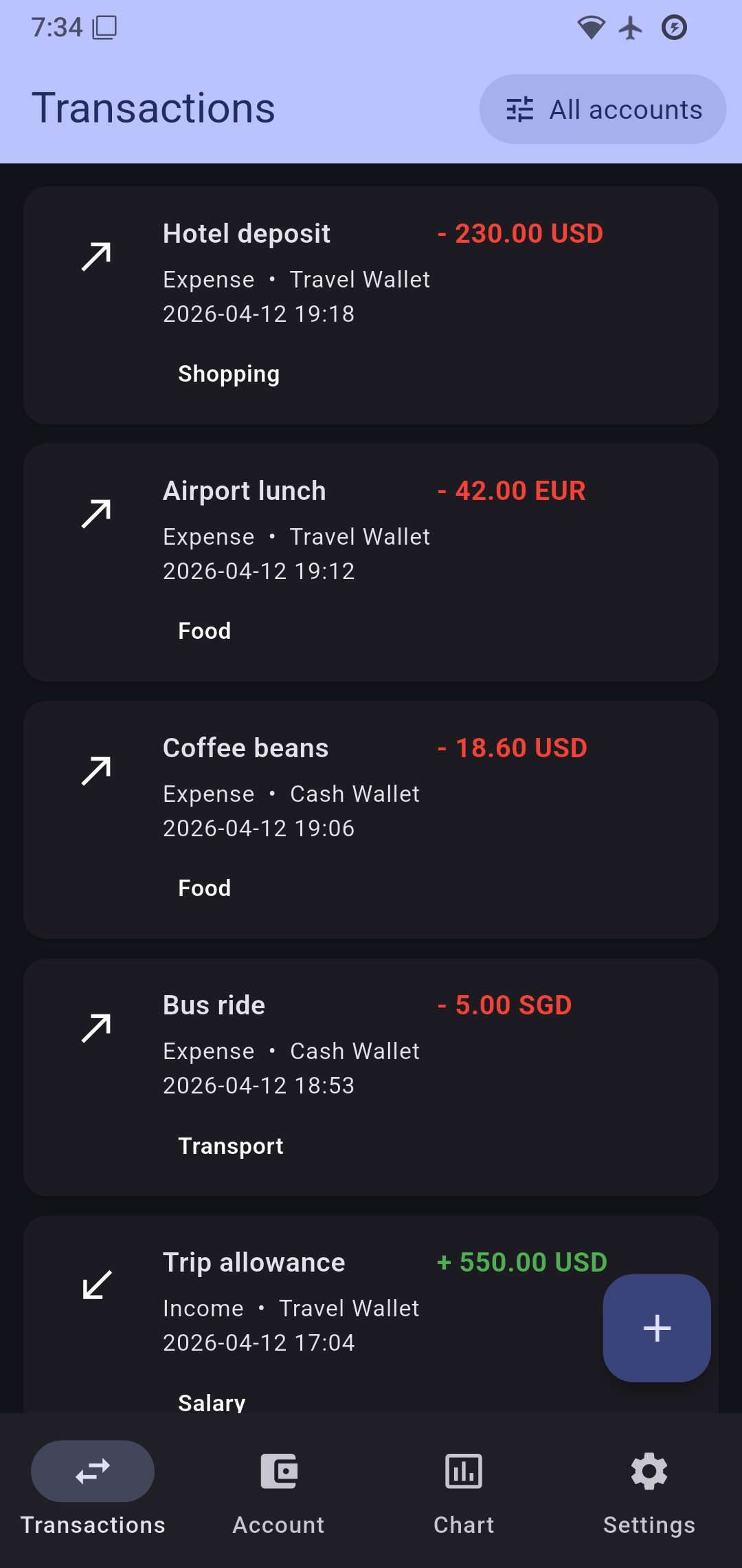 InfWallet transactions view